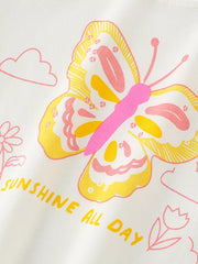 White kids' sweatshirt with a large yellow and pink butterfly graphic and "Sunshine All Day" text.