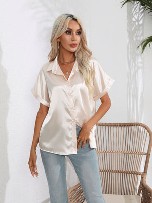 Champagne satin boxy sleeve button-down blouse with a relaxed fit.