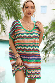 Chevron knit beach cover-up with multicolor stripes and V-neck.