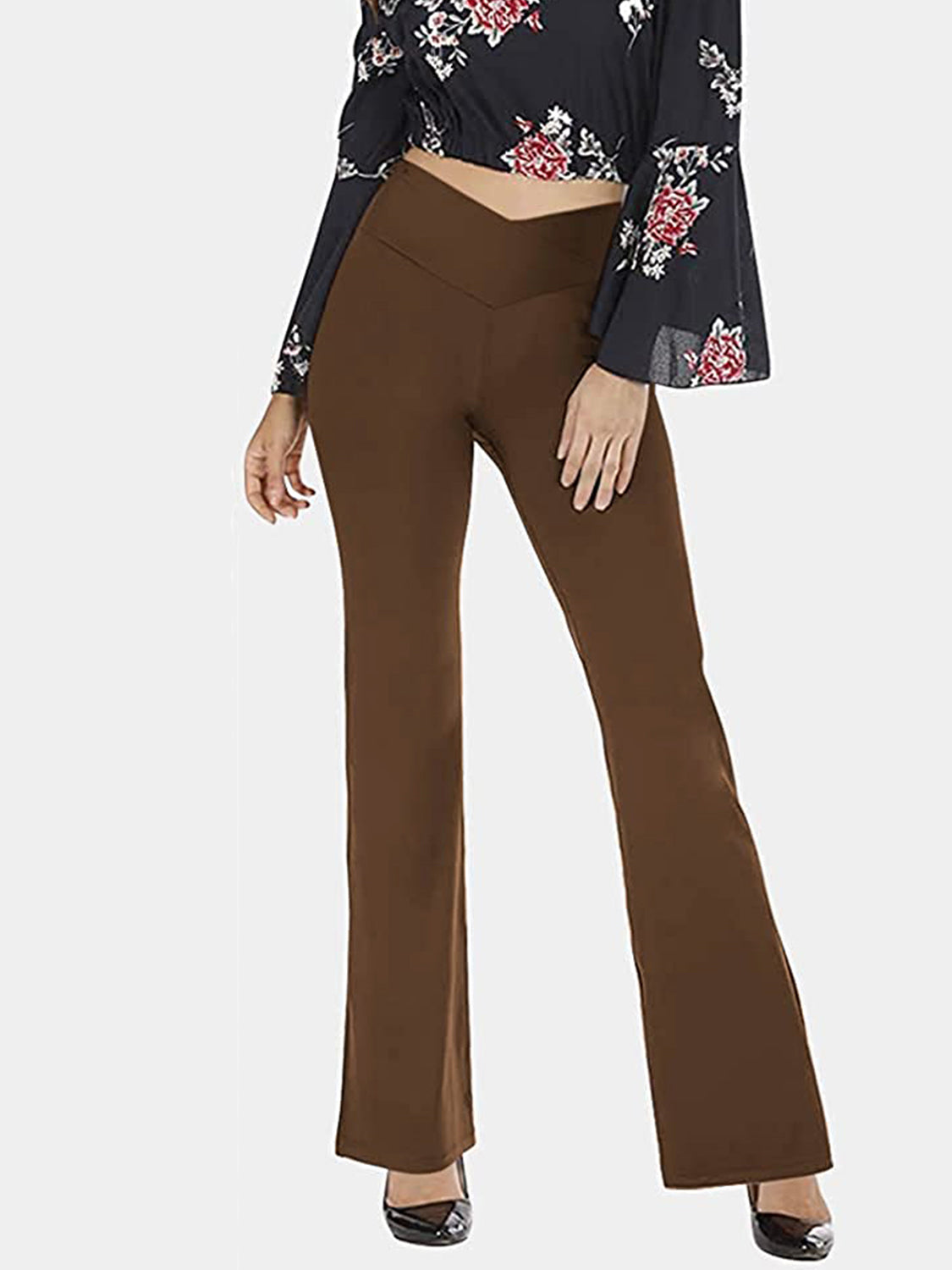 V-Waist flare leggings in Coffee Brown with a V-shaped waistband.