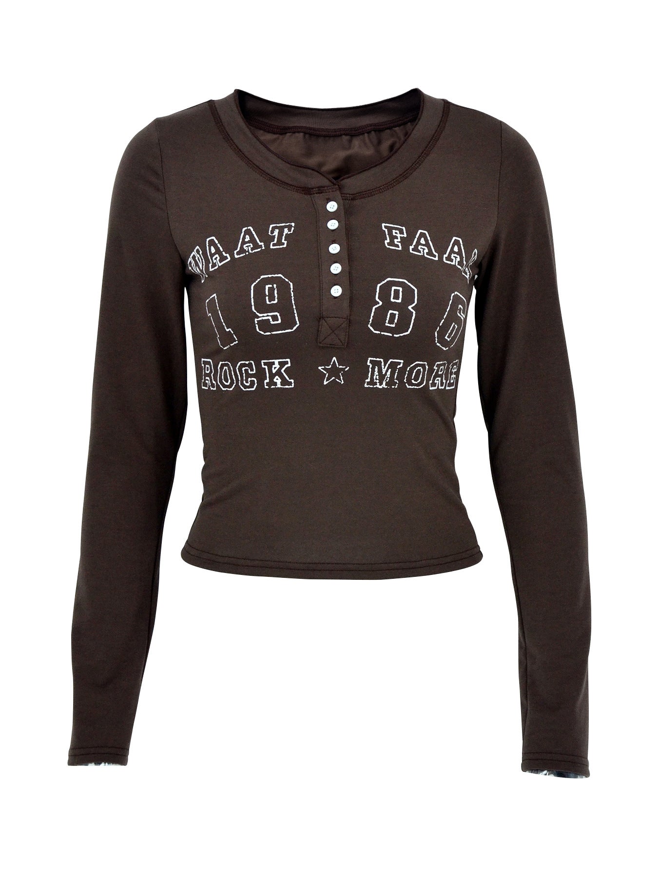 Brown long sleeve t-shirt with button neckline and white letter graphic.