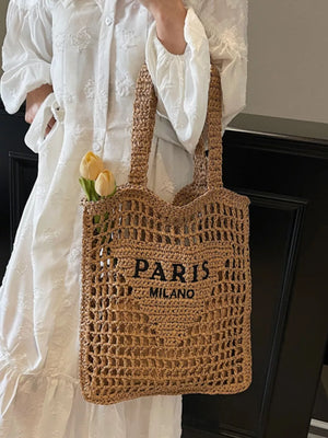 Khaki crochet tote bag with "PARIS MILANO" text and yellow tulips.