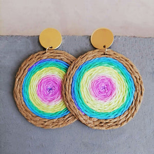 Raffia teardrop statement earrings with multicolor woven center and gold disc top