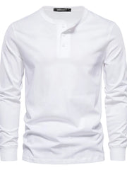 White long sleeve Henley knit t-shirt with button placket and crew neck.