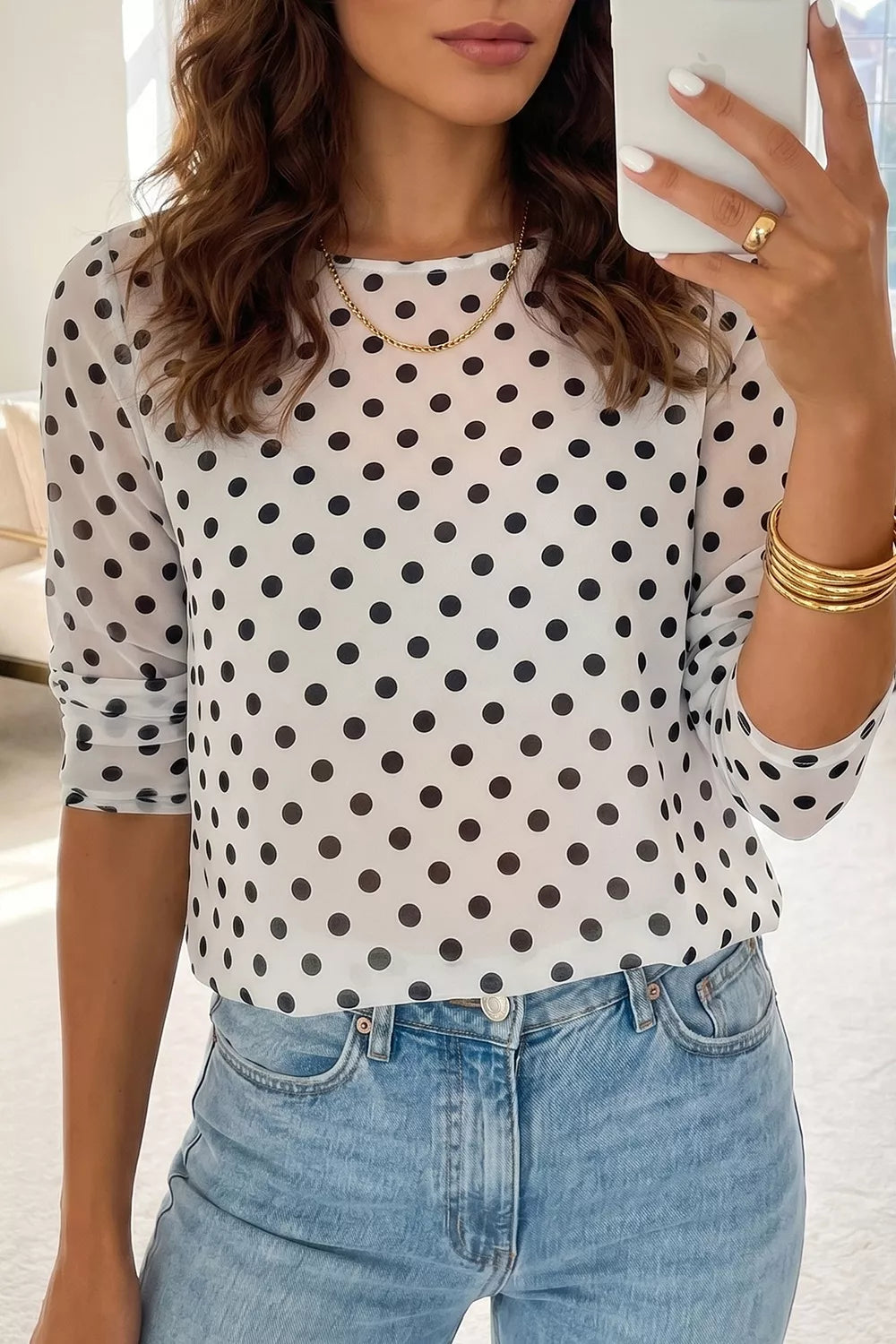 Polka Dot Sheer Mesh Long Sleeve Shift Top in White, front view
