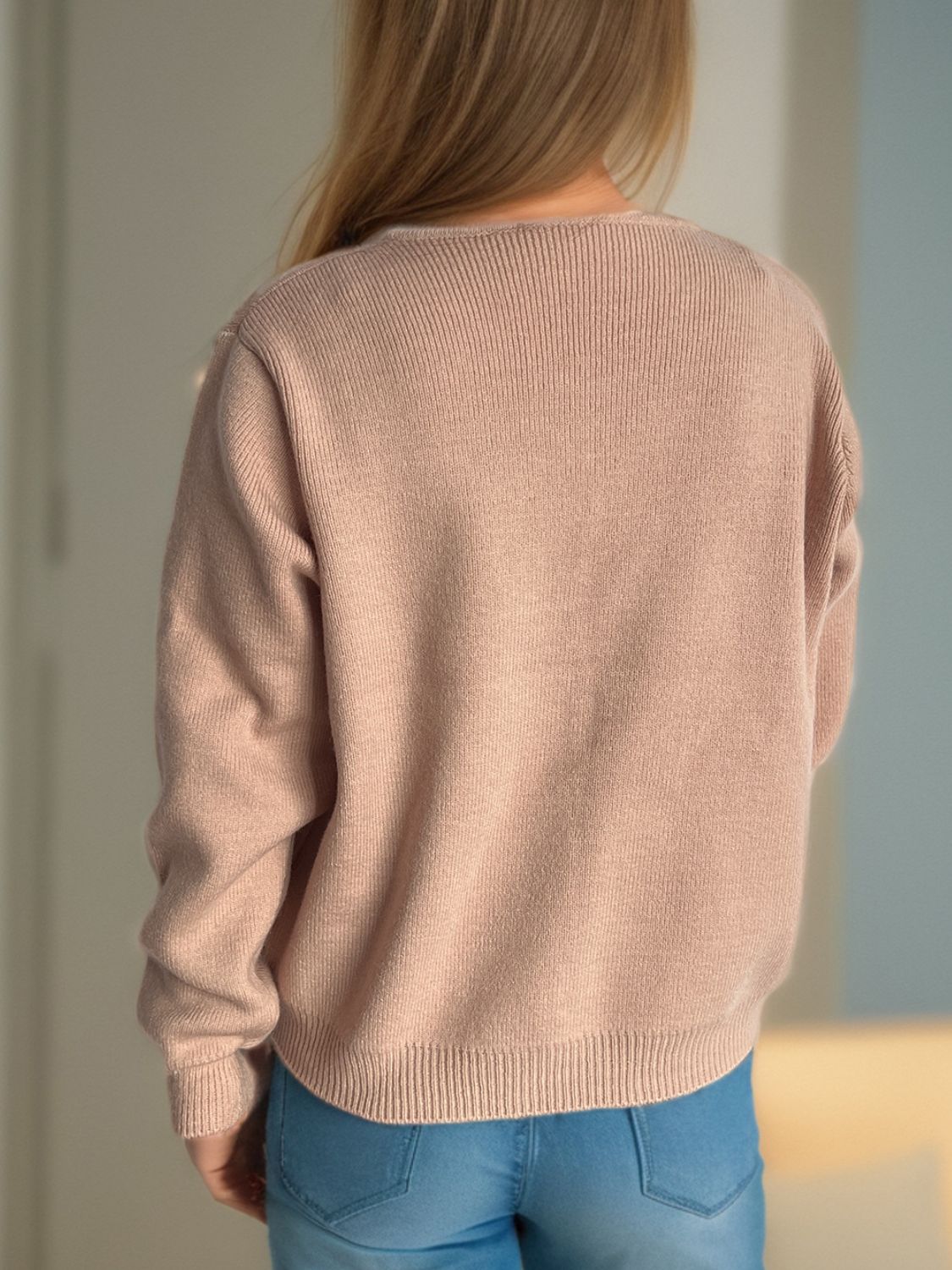 Dusty Pink ribbed knit cardigan with a button-up front, acrylic material.