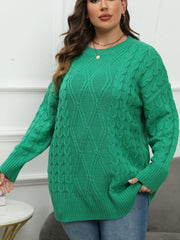 Green cable knit sweater with diamond stitch pattern and crew neck.