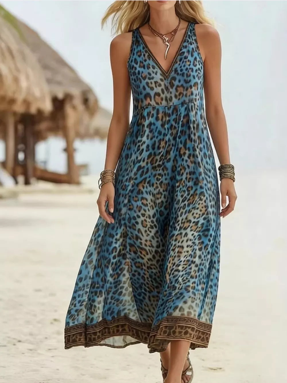 Vibrant leopard print midi dress with V-neck and border detail in dusty blue.