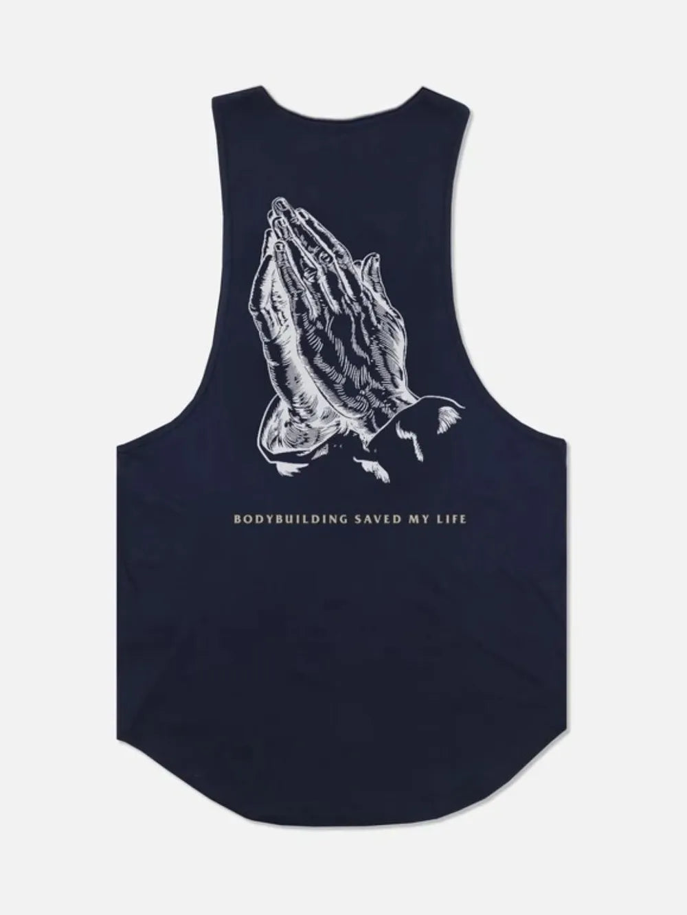 Navy praying hands graphic muscle tank top with bodybuilding text detail