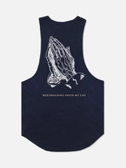 Navy praying hands graphic muscle tank top with bodybuilding text detail