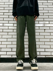 Army green relaxed fit cargo pants with utility details and silver button accents.