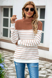 Colorblock stripe turtleneck knit sweater with brown and white stripes, acrylic material.