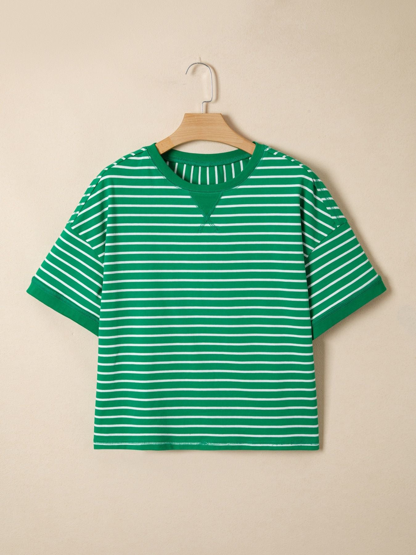 Relaxed-fit green and white striped cotton t-shirt with crew neck.