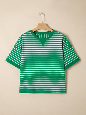 Relaxed-fit green and white striped cotton t-shirt with crew neck.