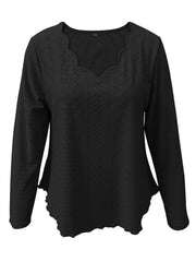 Black scalloped eyelet yoke blouse with long sleeves and a V-neck.