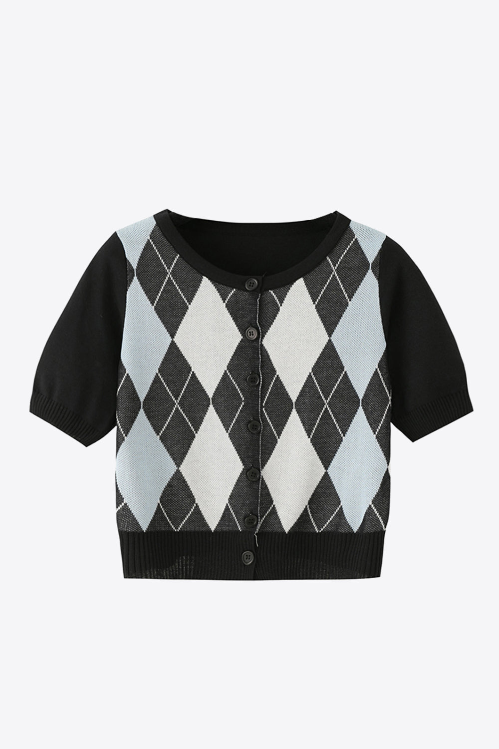 Argyle knit cropped cardigan with short sleeves and button front in black and light blue.
