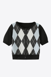 Argyle knit cropped cardigan with short sleeves and button front in black and light blue.