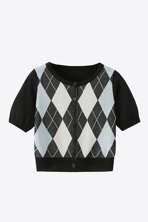 Argyle knit cropped cardigan with short sleeves and button front in black and light blue.