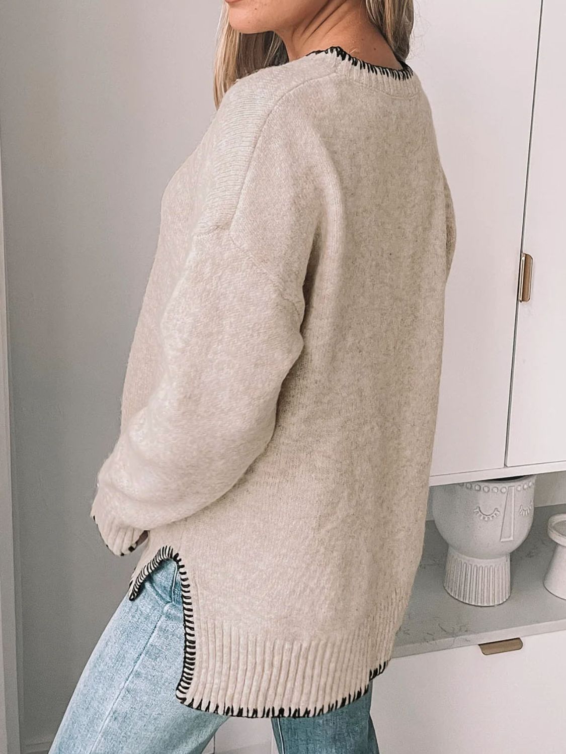 Khaki crew neck sweater with contrast stitch detail at neckline and hem
