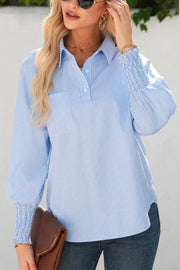 Striped Smocked Sleeve Collared Blouse in Light Blue, fabric detail