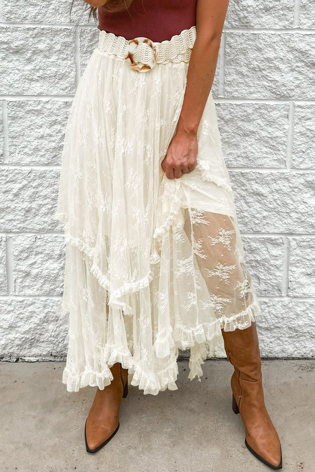 Romantic ruffled lace midi skirt in ivory with tiered layers and a crochet belt.