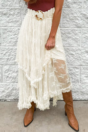 Romantic ruffled lace midi skirt in ivory with tiered layers and a crochet belt.