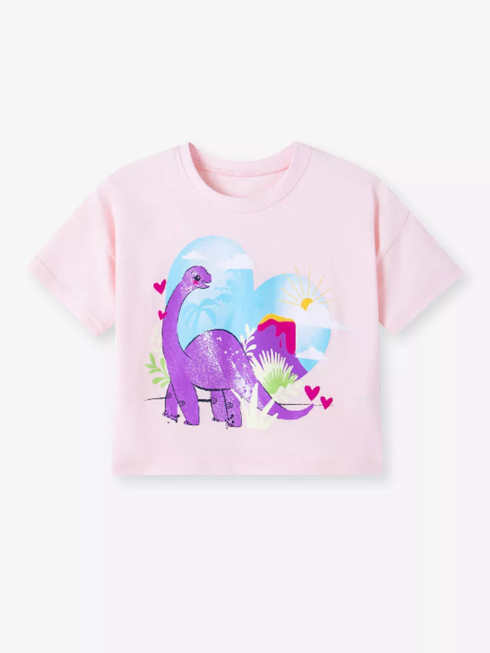 Pink toddler t-shirt with a playful purple dinosaur graphic and heart details.