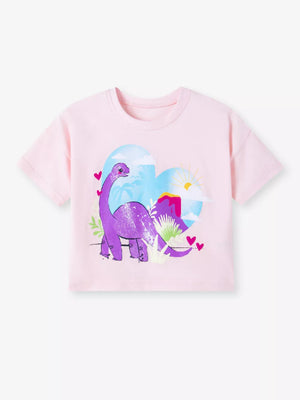 Pink toddler t-shirt with a playful purple dinosaur graphic and heart details.