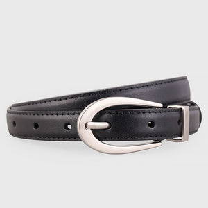 Black skinny cowhide leather belt with silver buckle and adjustable holes.