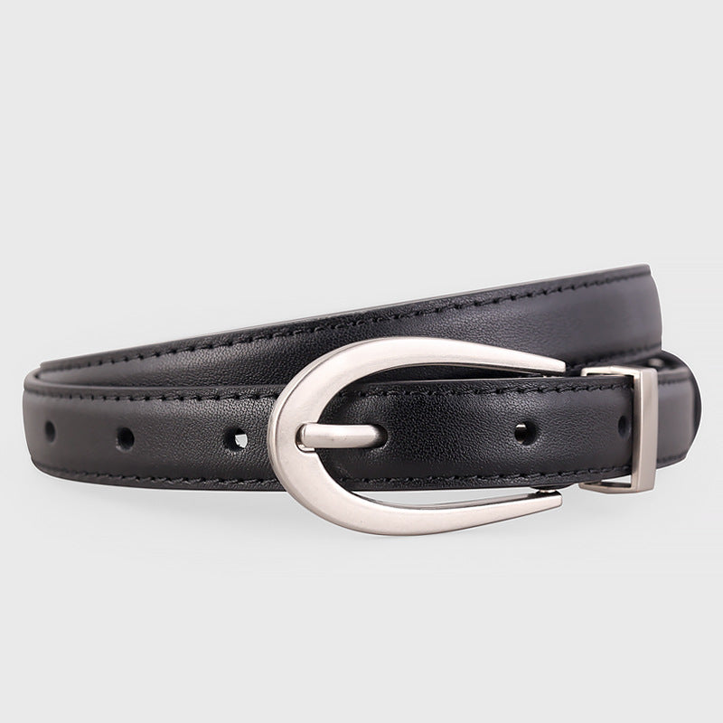 Black skinny cowhide leather belt with silver buckle and adjustable holes.
