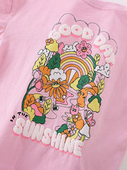 Pink cotton blend toddler girls' t-shirt with a "Good Day in the Sunshine" graphic featuring cartoon characters and flowers.