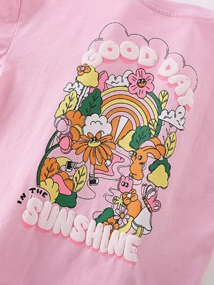 Pink cotton blend toddler girls' t-shirt with a "Good Day in the Sunshine" graphic featuring cartoon characters and flowers.