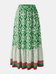 Tiered maxi skirt in green with medallion print and elastic waist