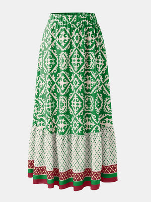 Tiered maxi skirt in green with medallion print and elastic waist