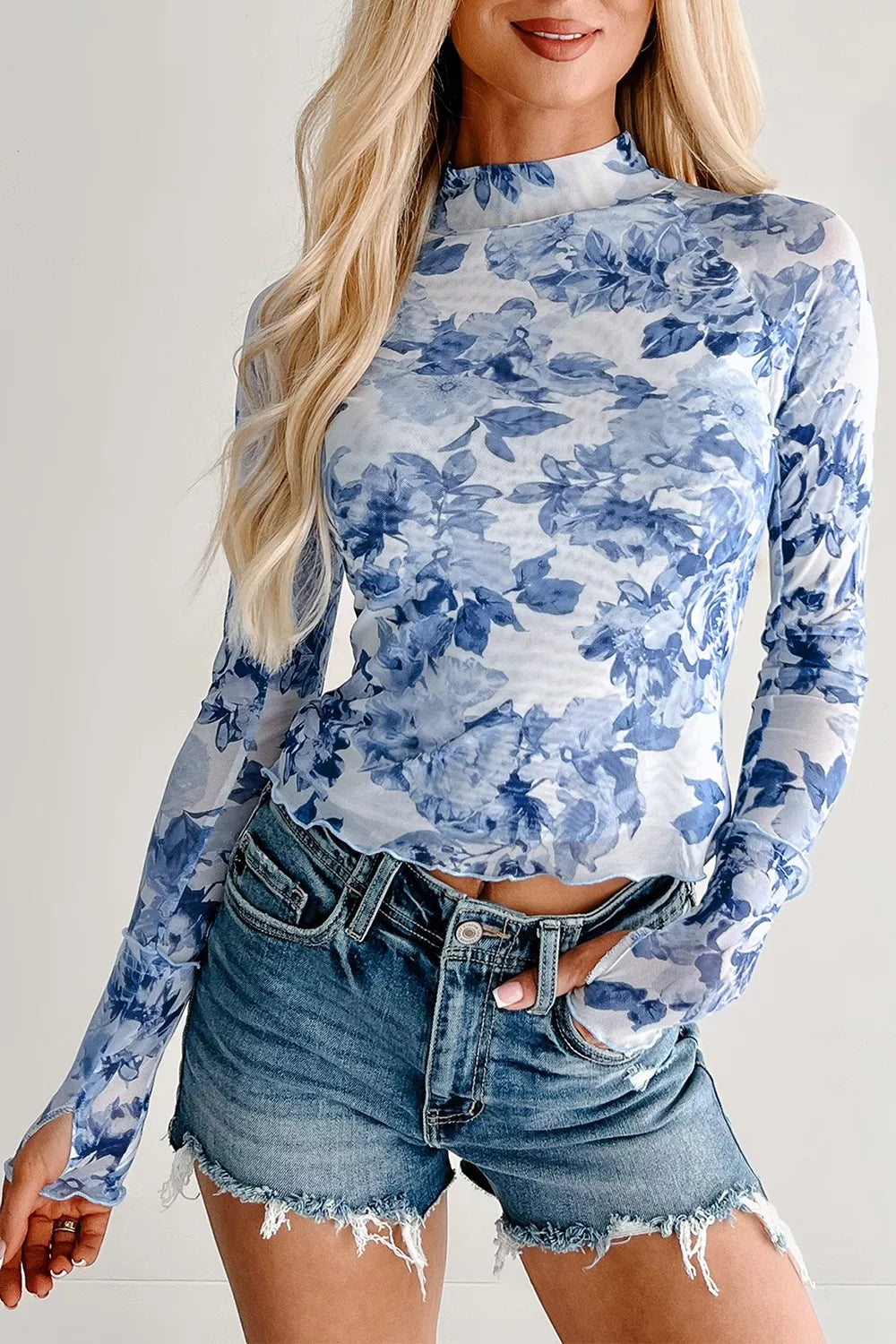 Floral Print Long Sleeve Mesh Top in Light Blue, side view