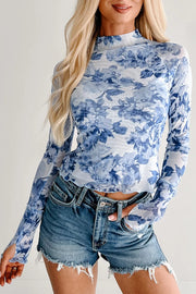 Floral Print Long Sleeve Mesh Top in Light Blue, side view