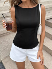 Black sleeveless blouse with boat neckline and fitted silhouette.