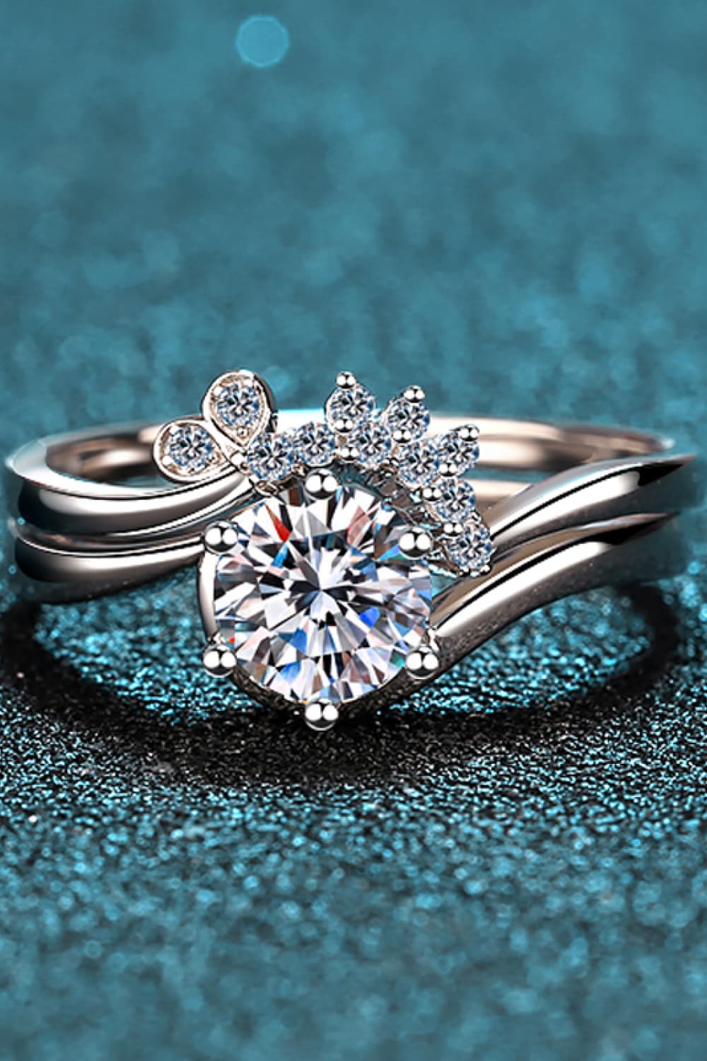 Celestial Moissanite Duo Ring Set in silver with a large center stone and butterfly accent.