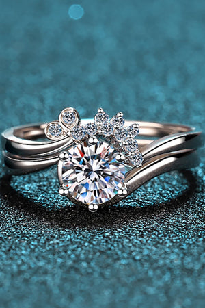 Celestial Moissanite Duo Ring Set in silver with a large center stone and butterfly accent.