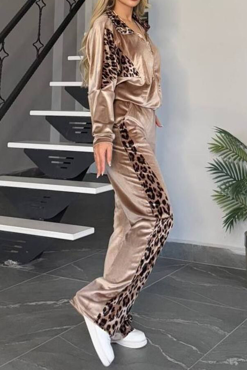 Velvet tracksuit in camel with leopard print panels on jacket and pants.