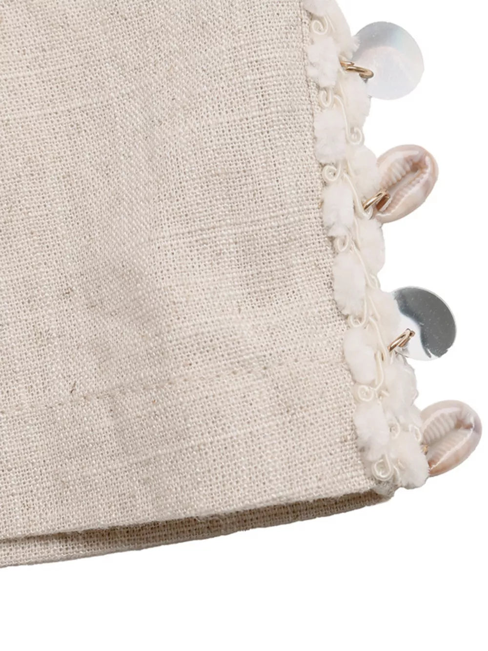 Relaxed drawstring wide-leg trousers in natural linen with shell and sequin trim detail.