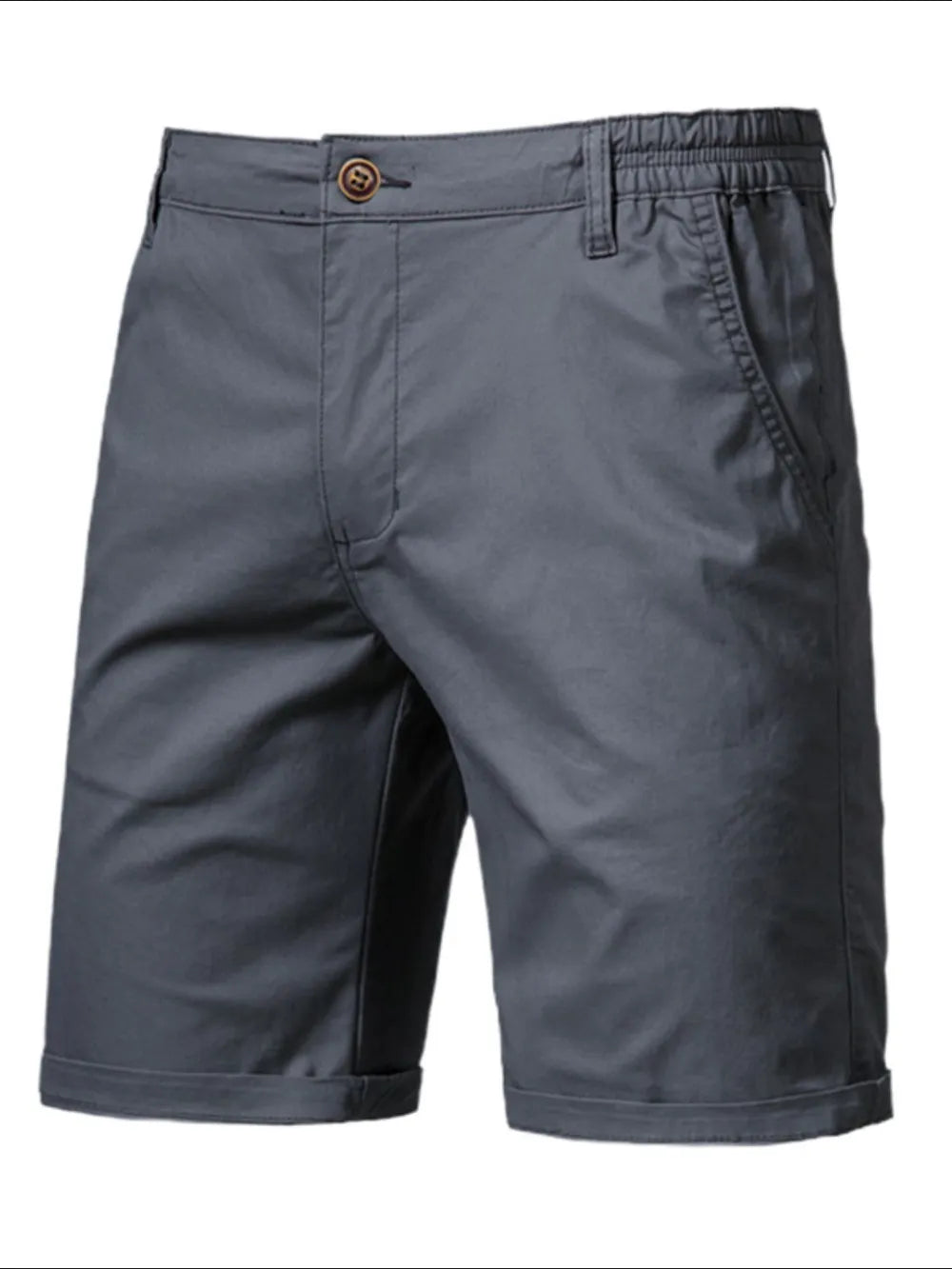 Gray relaxed-fit chino shorts with elastic waist and cuffed hem