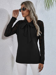Black bow neck blouse with lace long sleeves