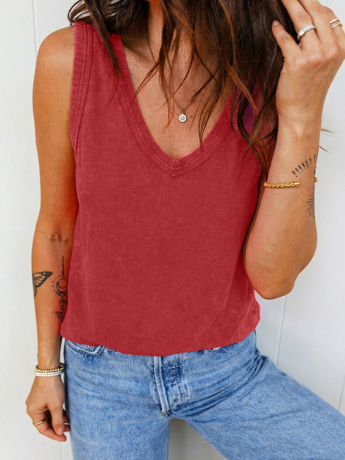 Red washed cotton V-neck tank top with a relaxed fit.