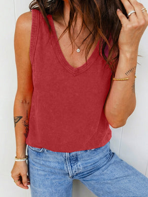 Red washed cotton V-neck tank top with a relaxed fit.