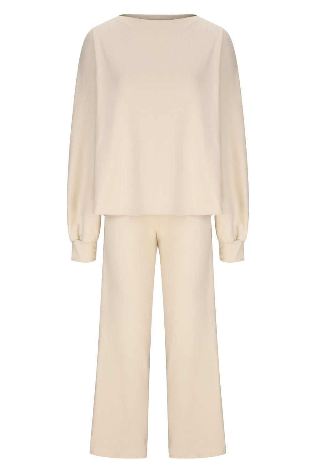 Wide-leg lounge set in cream with balloon sleeves and a crew neck.