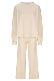 Wide-leg lounge set in cream with balloon sleeves and a crew neck.