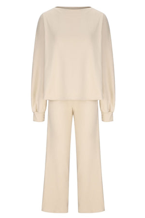 Wide-leg lounge set in cream with balloon sleeves and a crew neck.
