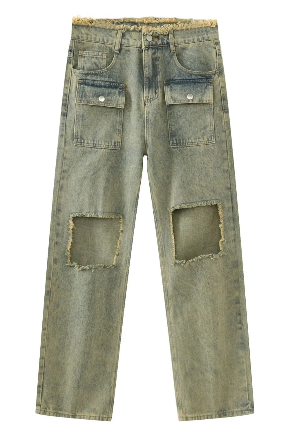 Distressed cargo jeans in medium wash denim with large knee cut-outs and frayed hem.