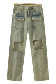 Distressed cargo jeans in medium wash denim with large knee cut-outs and frayed hem.